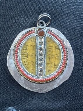 Artisan Silver Pendant with Amber Glass and Red Bead Accent